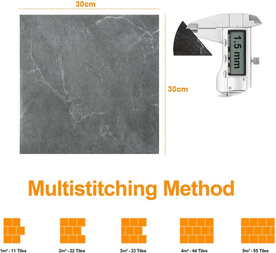 Afmeting 30x30cm, dikte 1.5mm PVC-tegel met marmerlook en uitleg over aantal tegels per m².