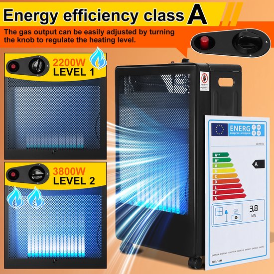 Mobiele Gaskachel - Opvouwbare Gasheater 3800W - Binnen & Buiten - 2 Warmtestanden - Geschikt voor LPG/Propaan/Butaan - Met Wielen & Veiligheidssysteem — afbeelding 4