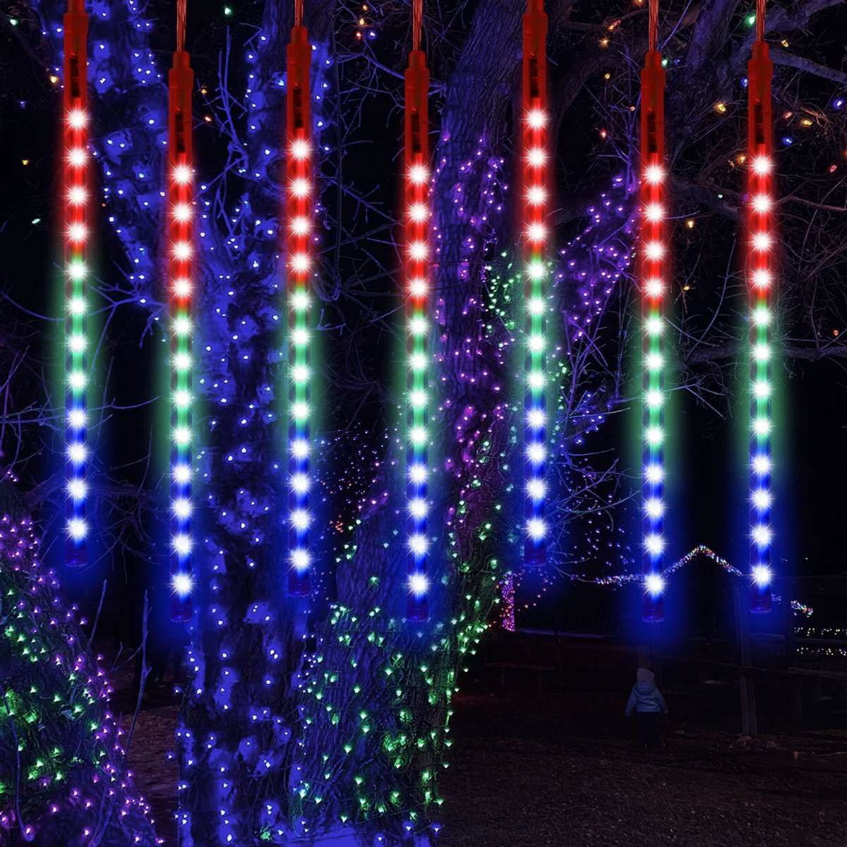 Rosnek Kerstverlichting Meteorenregen - Lichtgordijn 30CM Multicolor - 192 LEDs, 8 Buizen, 2.4M - IP65 Waterdicht & Koppelbaar - Voor Feest, Bruiloft en Tuin