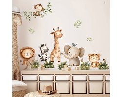 Muursticker 'Jungle Vriendjes' - Zelfklevend PVC - 61x45cm - Leeuw - Zebra - Giraffe - Aap - Olifant - Tijger - Dieren - Babykamer - Kinderkamer - Jongen