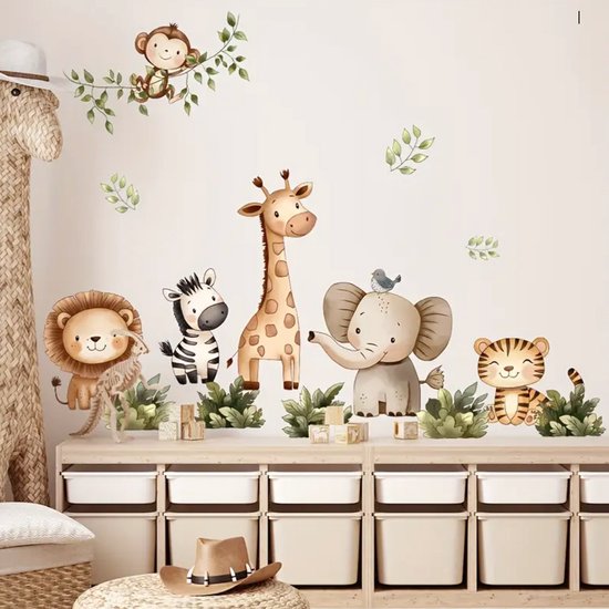 Muursticker 'Amis de la jungle' - PVC autocollant - 61x45cm - Lion - Zèbre - Zebra - Singe - Éléphant - Tigre - Animaux - Chambre de bébé - Chambre enfant - Garçon