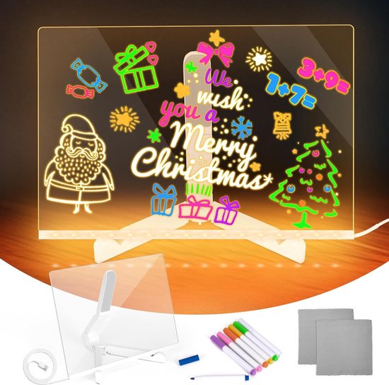 Tekentablet-Tekentablet kinderen-LED-tekenbord - 30x20cm - 7-kleuren LED-Tekenmachine voor kinderen-tekenbord van acryl, herschrijfbaar - met verstelbare standaard - Geschikt voor thuis, op kantoor, in een café, enz.