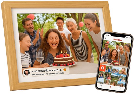 Cadre photo numérique avec Wi-Fi et application Frameo - 10,1 pouces - Cadre photo - Écran HD + - Écran tactile IPS - 32 Go - Bois