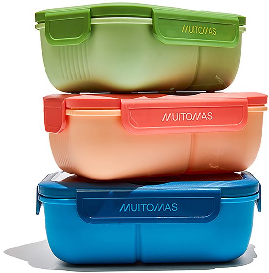 Boîte à lunch Muitomas - 1,1 litre - 3 compartiments - Compatible micro-ondes et lave-vaisselle - Couverts inclus - Blauw