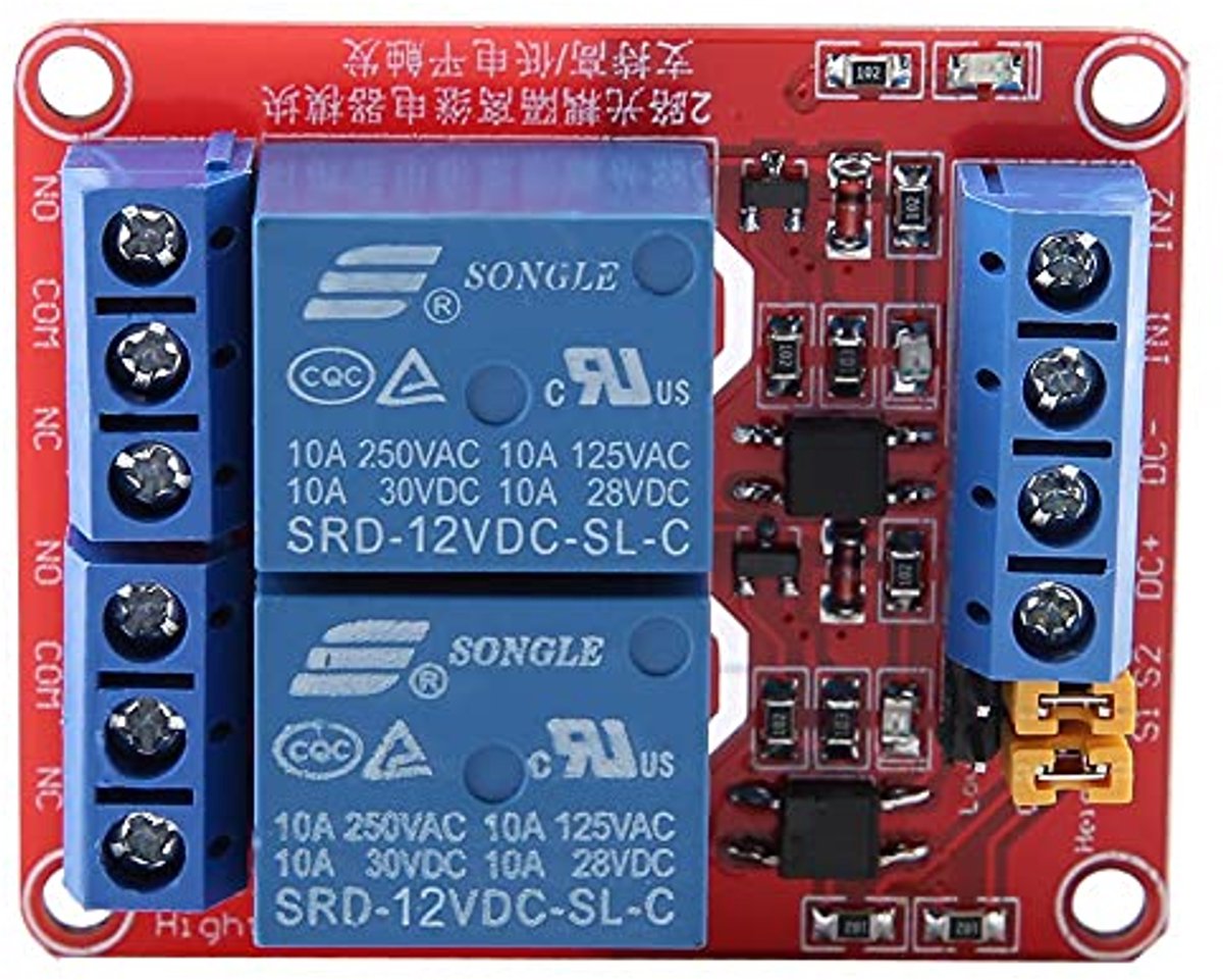 2 Kanalen 12V Relaismodule met Koppelstuk voor Lage Trigger en Uitbreidingsniveau voor 5V/12V/24V