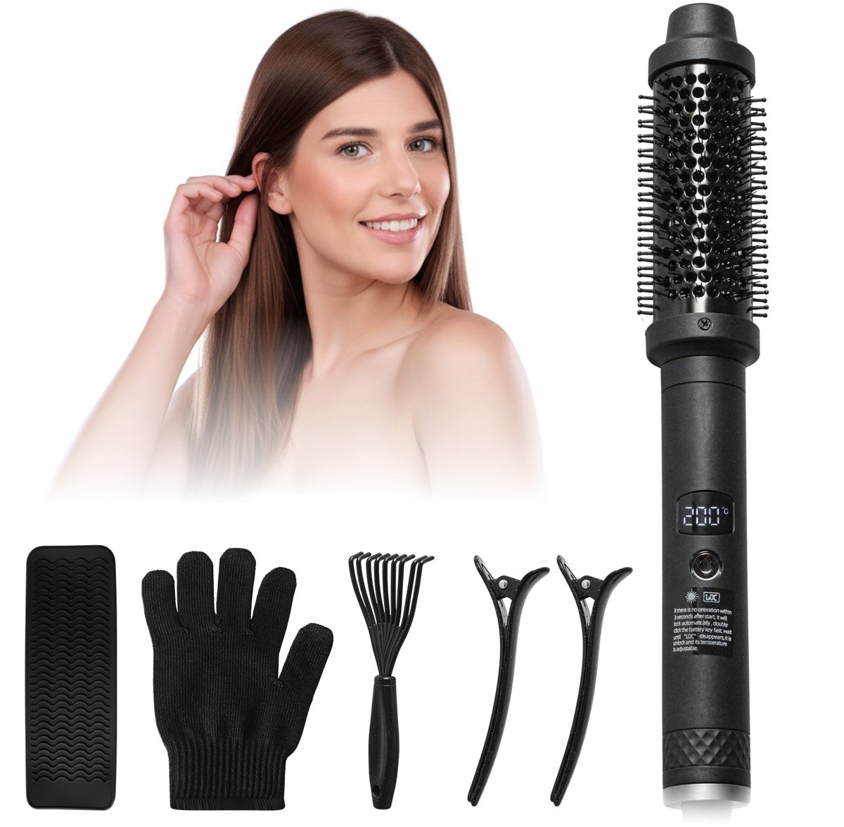 Kioki Thermal Brush Deluxe incl. accessoires - 38mm Keramische Warmte borstel - Fohn borstel - Krul borstel - Stijl borstel - tot 200°C - met klipjes en hittebestendige mat