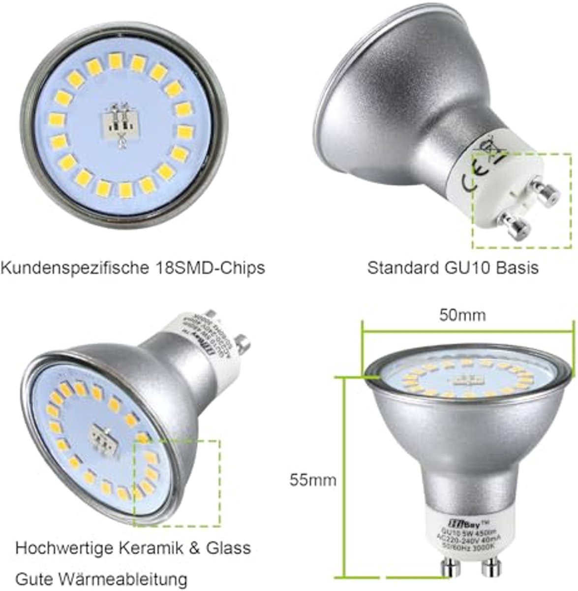 Set van 6 Draaibare LED Inbouwspots GU10 230V – 5W Warm Wit Plafondlampen