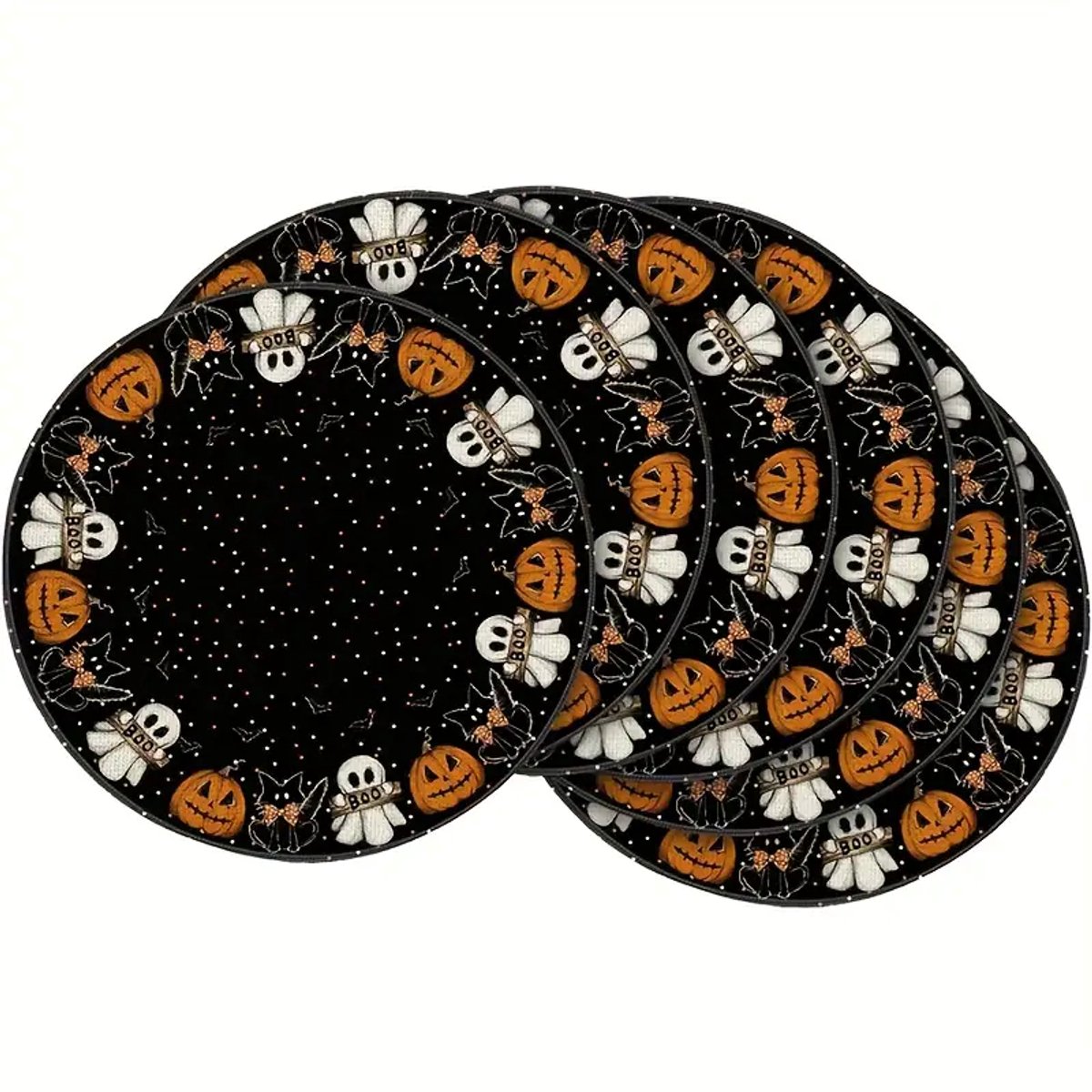 Image of 6st Halloween Ronde Placemats, 15-inch (Ongeveer 38cm) Tafelmatten, Geschikt voor Feest Keuken Eetkamer, 4st Set, 6st Set, Linnen 100., Stippenpatroon, Alleen Handwas, voor Halloween Decoraties, Halloween Tafeldecoratie | Stippenpatroon | T