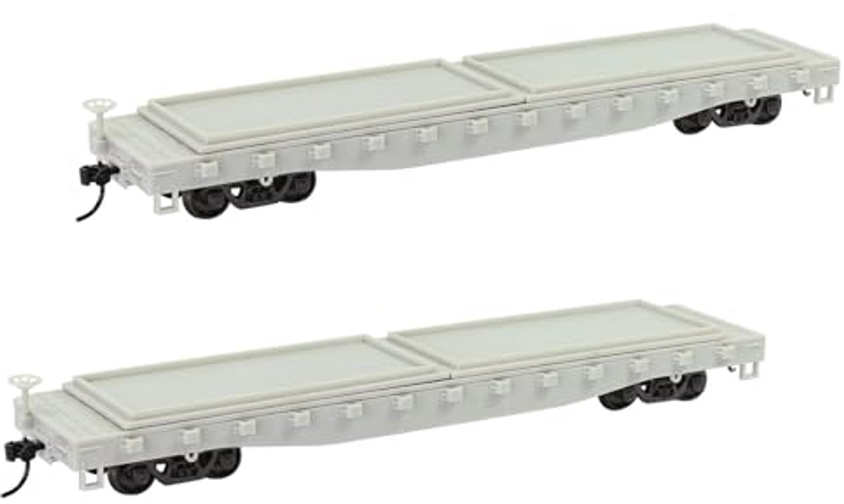 Onbeschilderde H0 spoor open goederenwagon met zware container – Set van 2 platte wagens