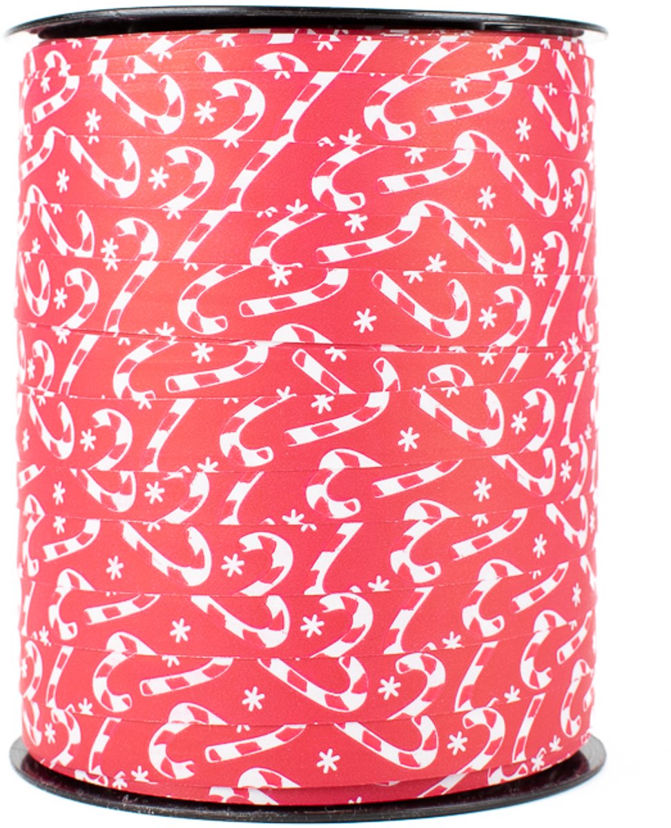 Krullint rood met rood/witte zuurstokken en witte sterren - 1 cm breed - 250 meter lang