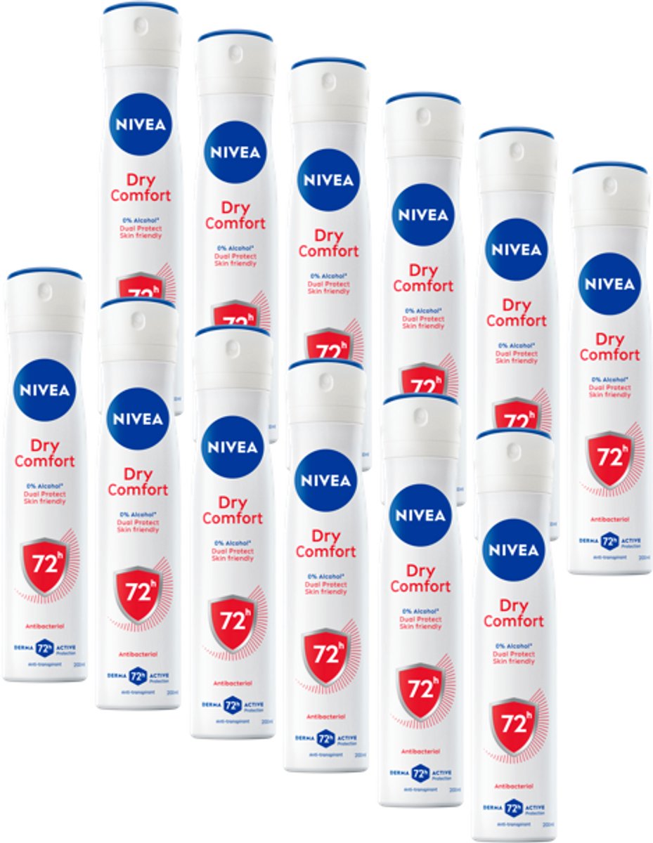 NIVEA Dry Comfort Deodorant Spray - Anti-Transpirant - Droog gevoel - 72 uur bescherming - Met mineralen en DryPlus-systeem - Alcoholvrij - 12 x 200 ml - Voordeelverpakking