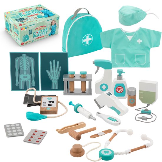 Dokterset Speelgoed 21pcs - Duurzaam Houten Speelgoed voor Kinderen - Doktersset - Inclusief Doktersjas en Accessoires - Dokter speelgoed