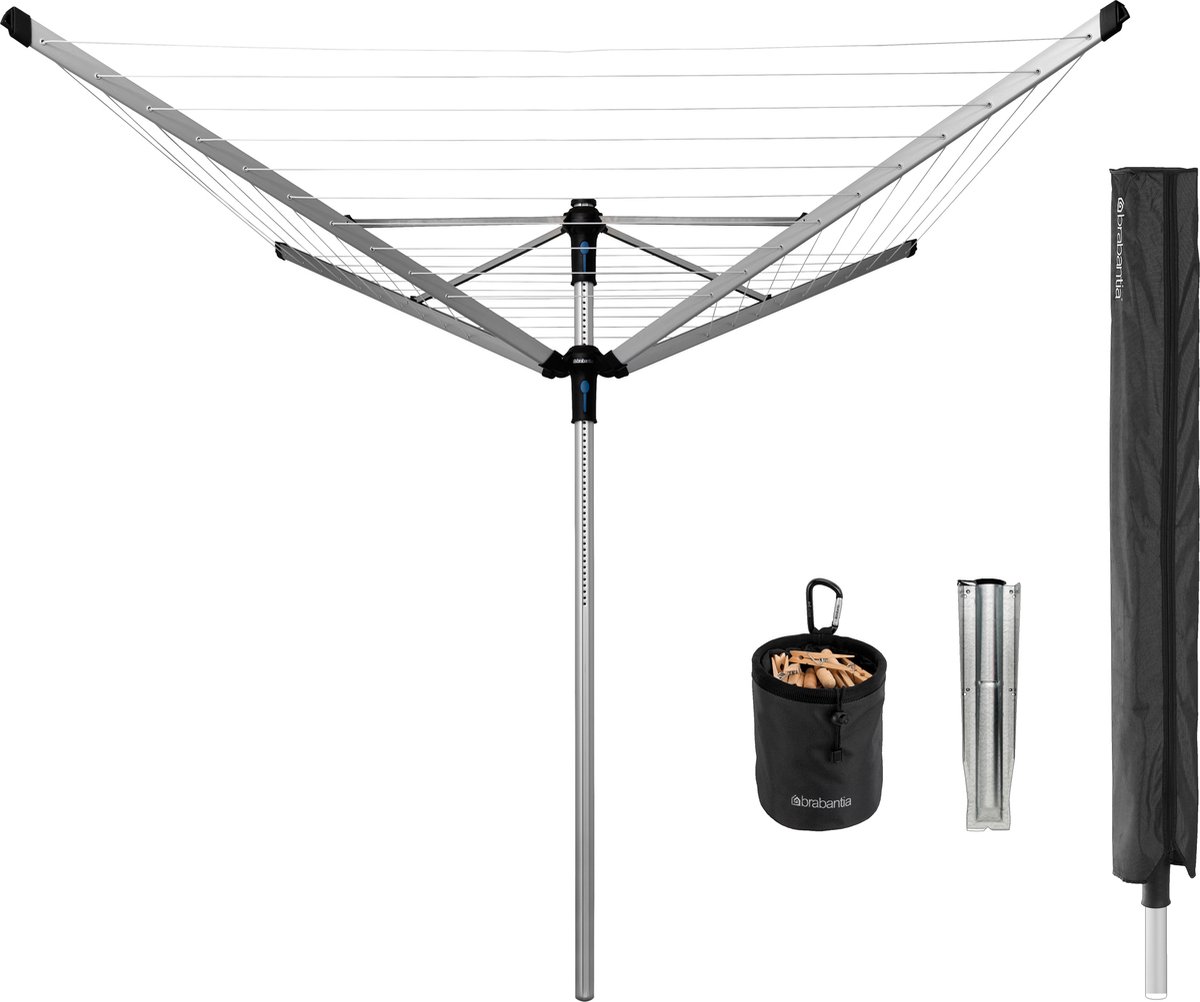 Brabantia Lift-O-Matic Advance Droogmolen - met Metalen Betonanker Beschermhoes en Wasknijpertasje - 60 m - Metallic Grey