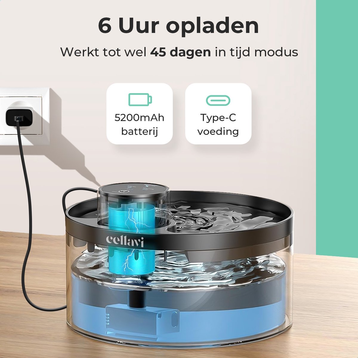 Cellavi R2A - Draadloze Drinkfontein Kat met Sensor - Waterfontein Katten & Honden - Kattenfontein Draadloos - 5200mAh Batterij - Fluisterstil - 3.2L thumbnail 8