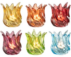 J-Line theelichthouder Popa - glas - mix - 6 stuks