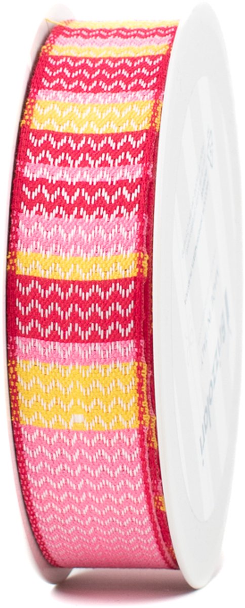 Trekstrik - Haakpatroon - Roze/Rood/Geel - 25 mm breed - 15 meter lang - Decoratief lint