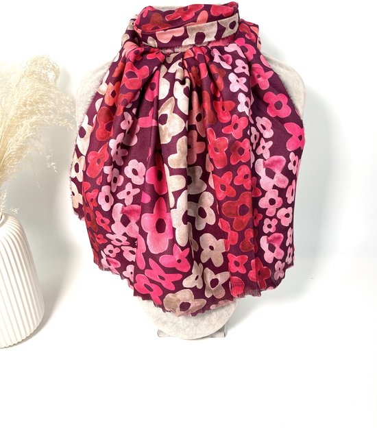 Lange dames sjaal Tida -gebloemd motief-bordeaux rood roze grijs oranje