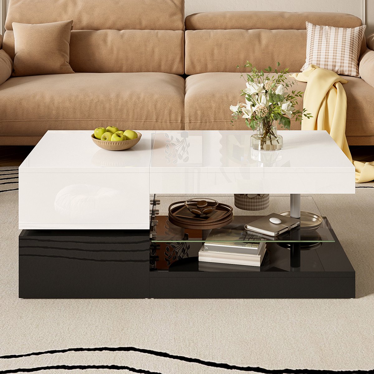 Pugsdrly Moderne salontafel met sfeerverlichting met led, bediening via app en Bluetooth, glazen tafelblad en glanzend oppervlak, zwart-wit design voor de woonkamer, 90 x 45 x 35,5 cm Zwart, Wit