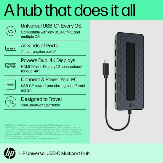 HP Universele USB-C Multipool Hub: compatibel met elk OS, 7 poorten, geschikt voor 2x 4K schermen.