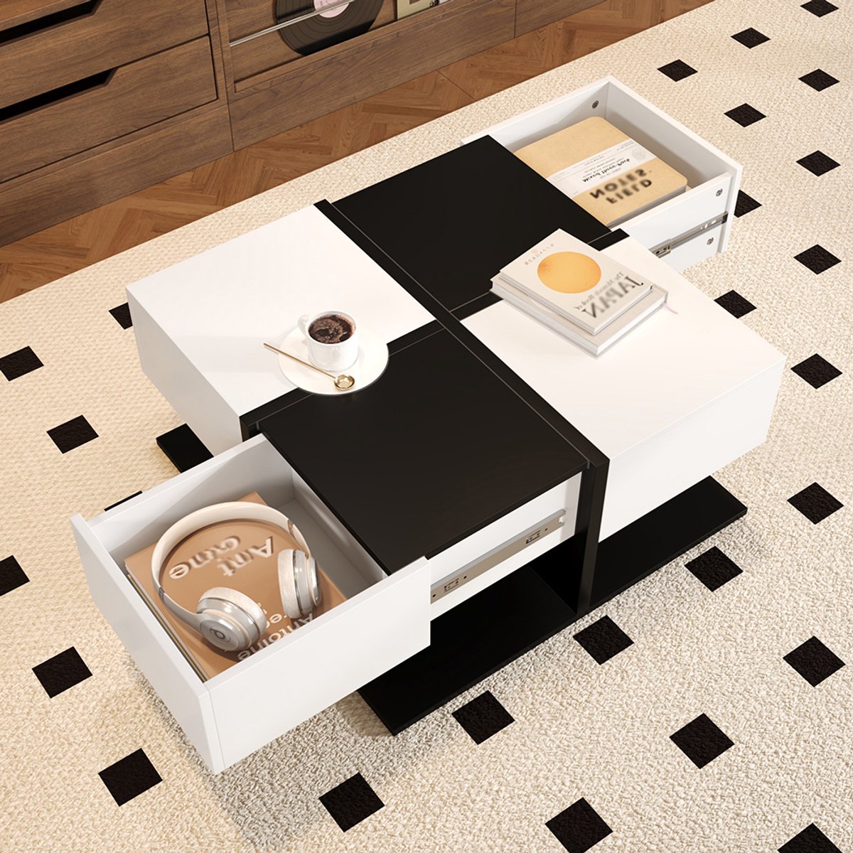 Pugsdrly Moderne zwart-witte salontafel 70 × 70 × 35,5 cm met 2 lades, vierkante salontafel met opbergruimte, glanzende salontafel met soft-close lades Zwart, Wit