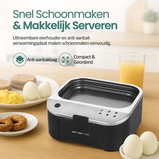 Emerio eierkoker zwart met een verwijderbare verwarmingsplaat. Op een bord liggen twee eieren, scrambelled eggs en koekjes. "Snel Schoonmaken & Makkelijk Serveren".