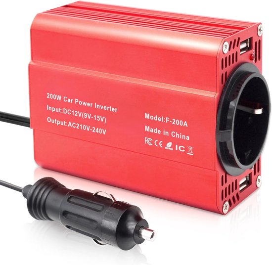 Omvormer 12v 230v Zuivere Sinus - Spanningsomvormer - 200W - Rood