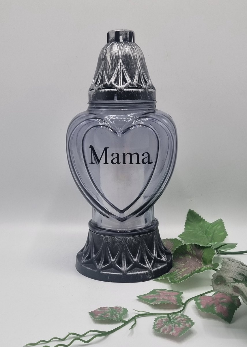 Herdenkingslicht - P39 - Zilver - Grijs glas - Mama - Grafkaars – Graflicht – Graflantaarn