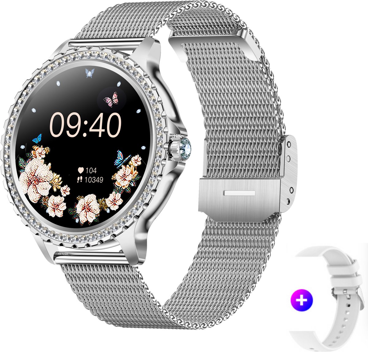 Knobbout 1.32” Scherm Stijlvolle Dames Smartwatch met Diamanten – Bluetooth Bellen, AI Spraakassistent, Gezondheidsmonitoring, IP67 Waterdicht, Sportmodi- Zilver staal band met kristallen + extra siliconen band