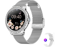 Knobbout 1.32” Scherm Stijlvolle Dames Smartwatch met Diamanten – Bluetooth Bellen, AI Spraakassistent, Gezondheidsmonitoring, IP67 Waterdicht, Sportmodi- Zilver staal band met kristallen + extra siliconen band