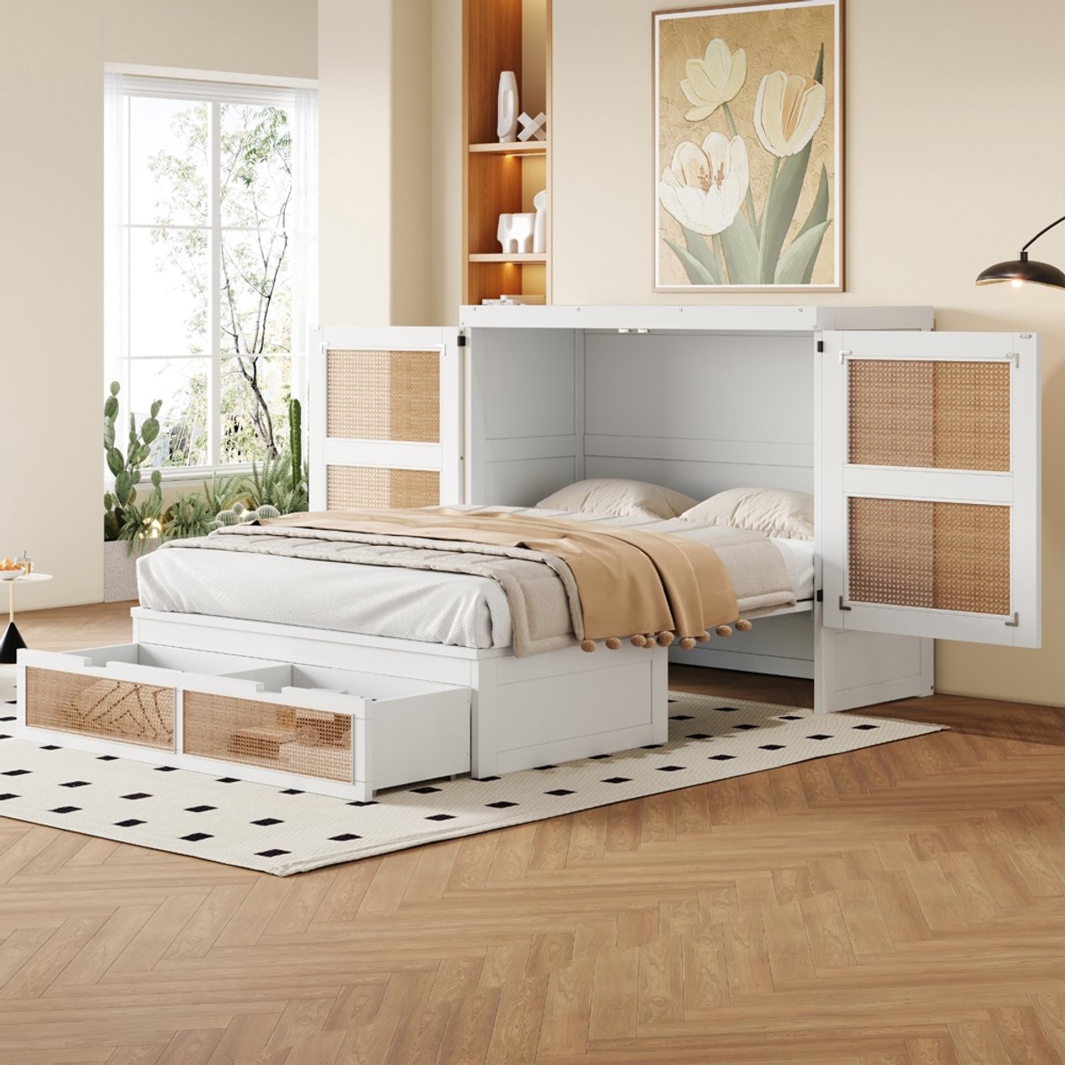 KOMHTOM Opklapbed 140 x 200 cm, wandbed met lattenbodem, opklapbaar wandbed, verticaal opklapbed met lattenbodem, met opberglades, rotan design, houten bedden, kinderbedden, eenpersoonsbedden, wit