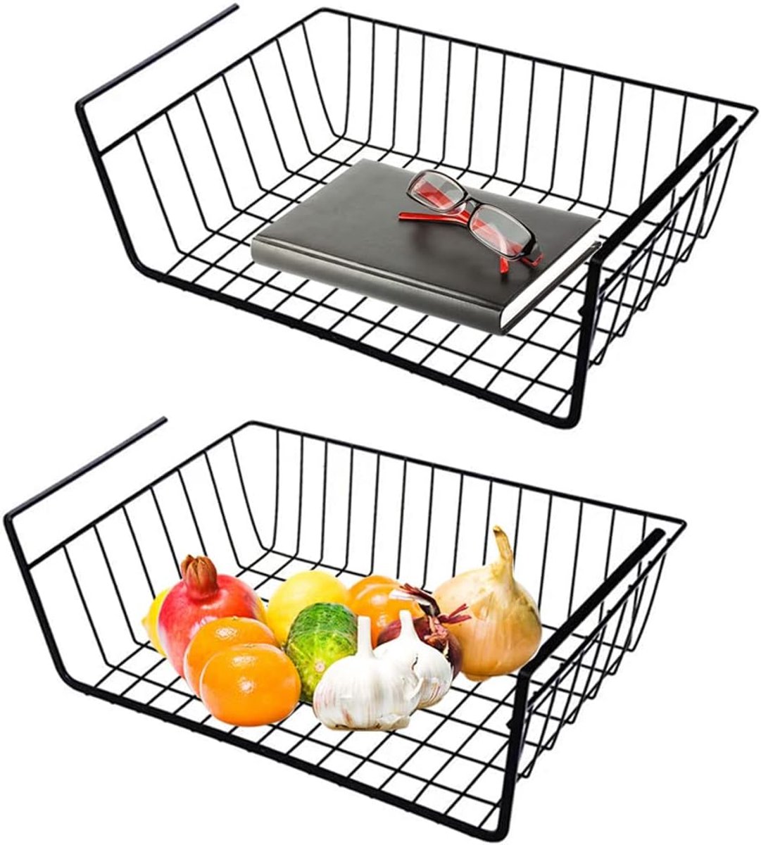 2 stuks hangende opbergmand – Onder het schap draadmand – Metalen organizer – Zwart – Ruimtebesparend voor kast & bureau