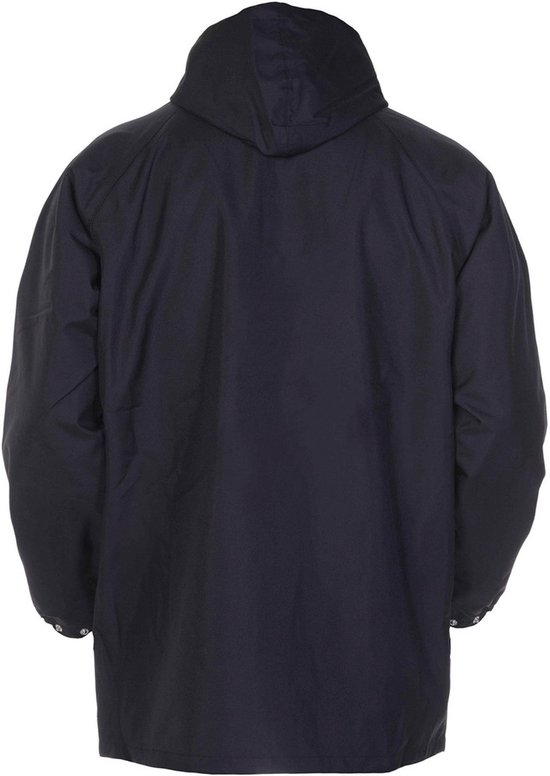 Achterkant van de donkerblauwe Hydrowear werkjas met capuchon.