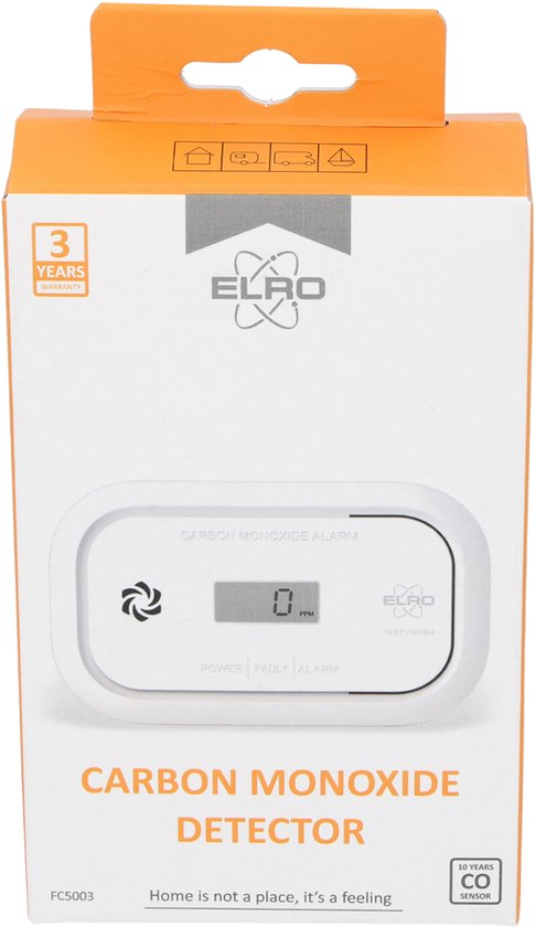 Verpakking van de koolmonoxidemelder met "3 YEARS WARRANTY" en "CARBON MONOXIDE DETECTOR" op de voorkant.