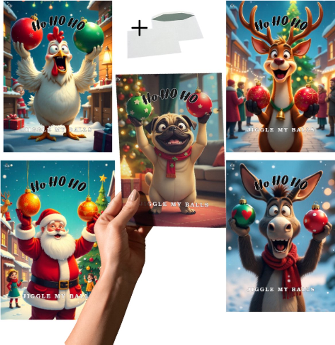 Grand X - Kerstkaart - Jiggle My Balls - 5 Kaarten - Inclusief Enveloppen - A6 Formaat - Kerstkaarten Met Enveloppen