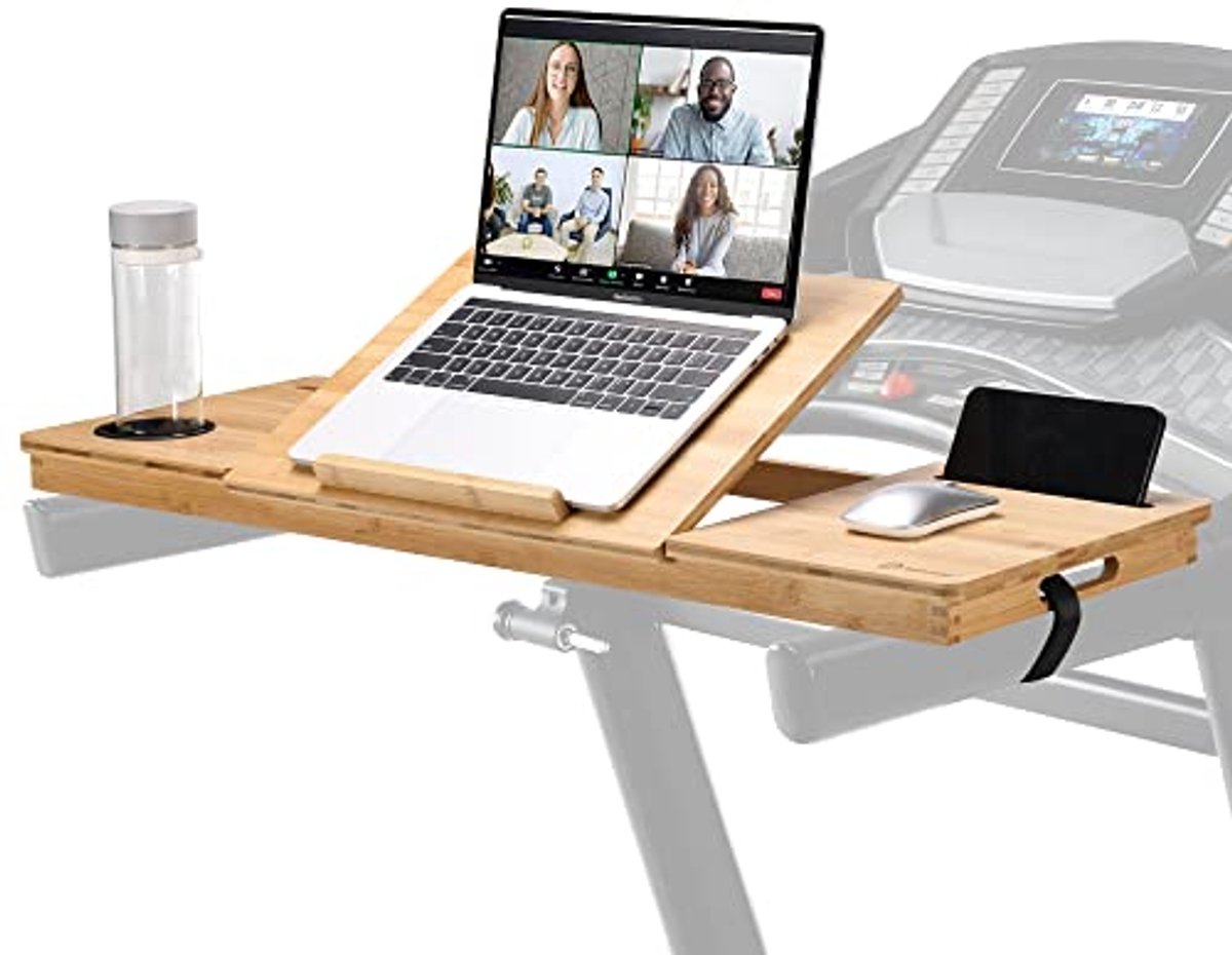 Verstelbaar Bamboe Loopbandbureau met Laptopsteun en Bekerhouder