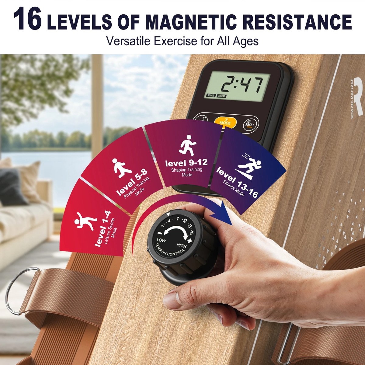 Amolass Roeitrainer Inklapbaar Hout 16 Weerstandniveaus - afbeelding 3