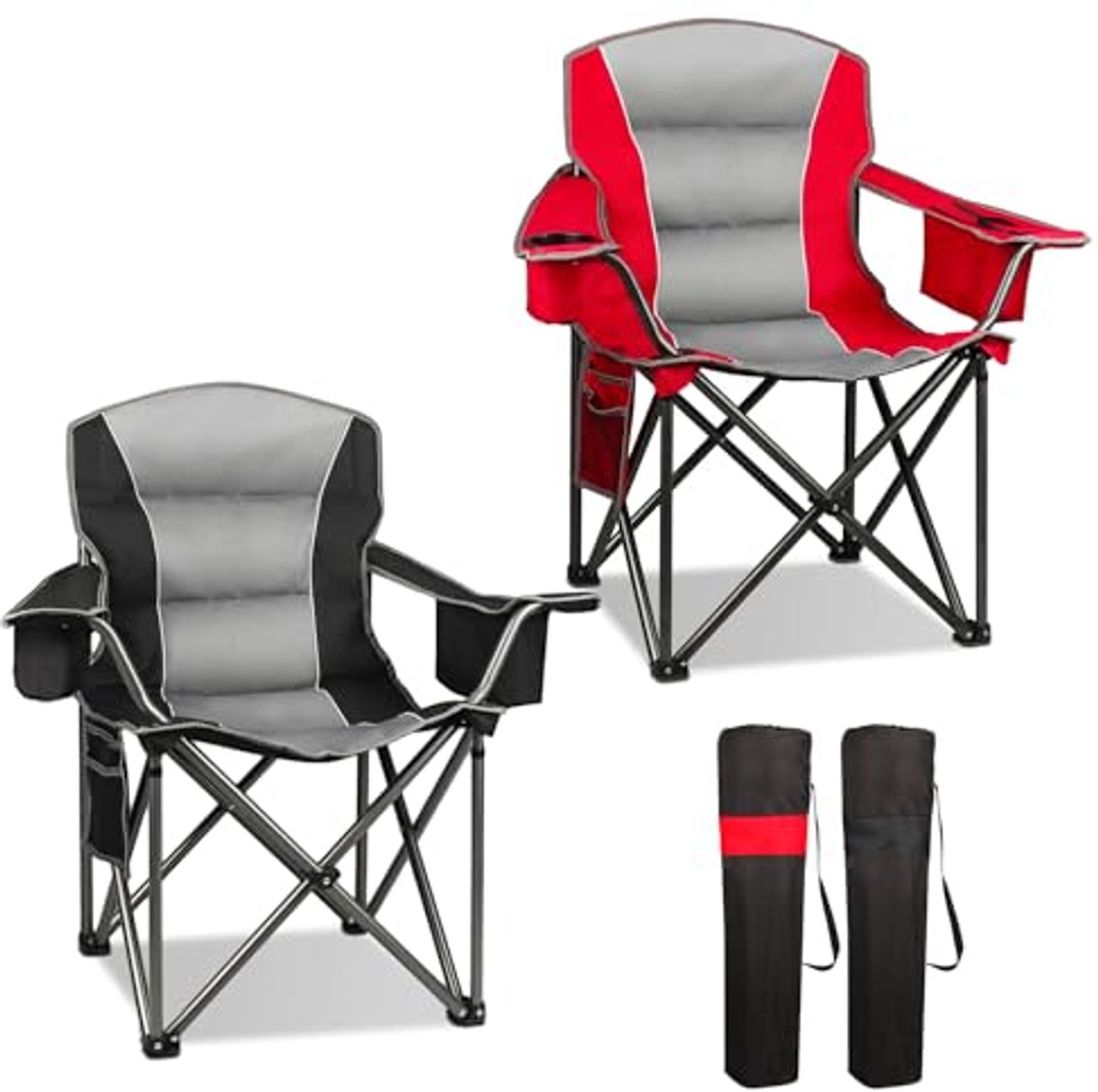 Oversized Campingstoelen 2 Stuks Met Koeltas en Bekerhouder - Draagbare Heavy Duty Stoelen voor Outdoor, Vissen en Tuin, Ondersteuning Tot 150 kg