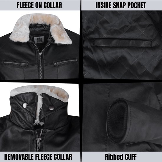 Details van een zwarte leren jas: fleece kraag, binnenzak, afneembare kraag en geribde manchetten.
