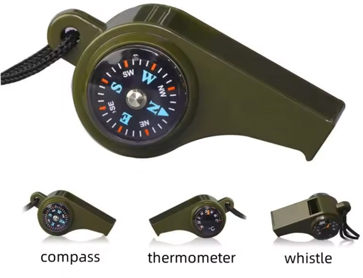 Jonyx - Overlevingsfluitje - 3-in-1 Noodfluit - Met kompas en thermometer - Met draagkoord - Legergroen - 1 stuk
