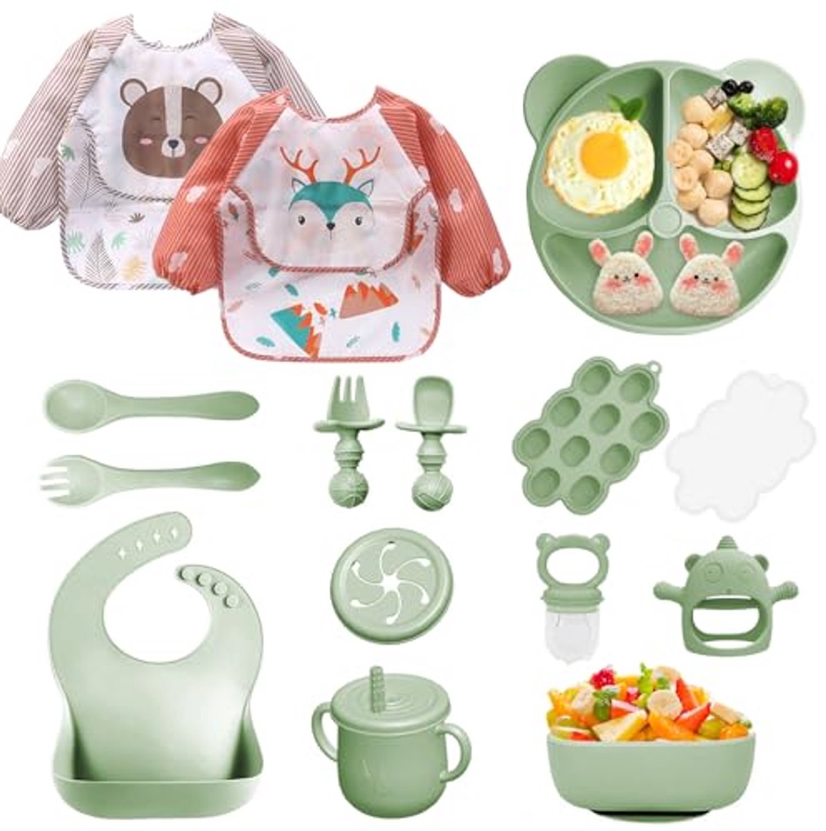 Image of 14-delige antislip babyserviesset van siliconen met zuignap – ideaal voor zelfstandig leren eten