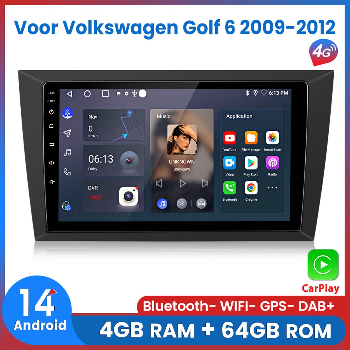 Awesafe 8-Core V1PRO 4+64GB Autoradio - Geschikt Voor Volkswagen Golf 6 2009 t/m 2012 - Draadloze Carplay Android Auto - Touchscreen - GPS Navigatie 4G WiFi - Bluetooth Radio - 2009 2010 2011 2012