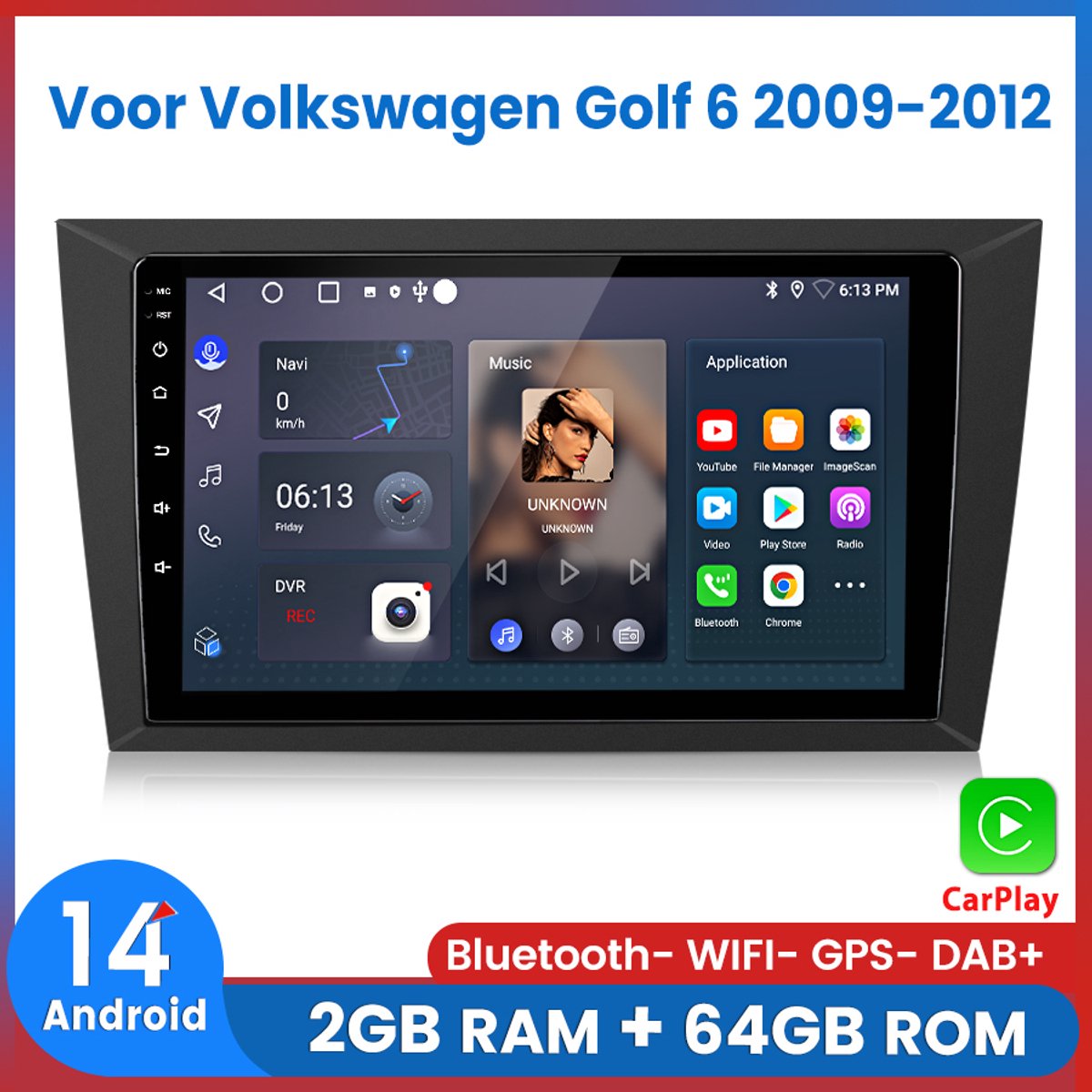 Awesafe Autoradio Geschikt Voor Volkswagen Golf 6 2009 t/m 2012 - Android 14 - Draadloos Apple Carplay & Android Auto - 2GB + 64GB - 4 Core processor - Bluetooth & Wifi GPS Navigatie - 2009 2010 2011 2012