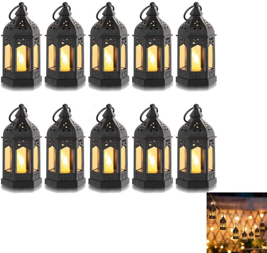 Tien zwarte mini-lantaarns met LED-kaarsen, tentoongesteld op een witte achtergrond.