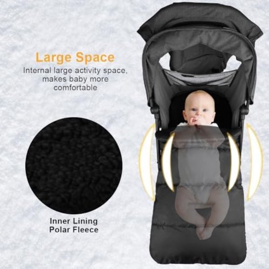 PromoHome Universele Voetenzak voor Kinderwagen - Thermo Voetenzak Winterbescherming met Ritssluiting - Waterdicht Winddicht Machinewasbaar Fleece Voering - Zwarte Baby Voetenzak — afbeelding 5