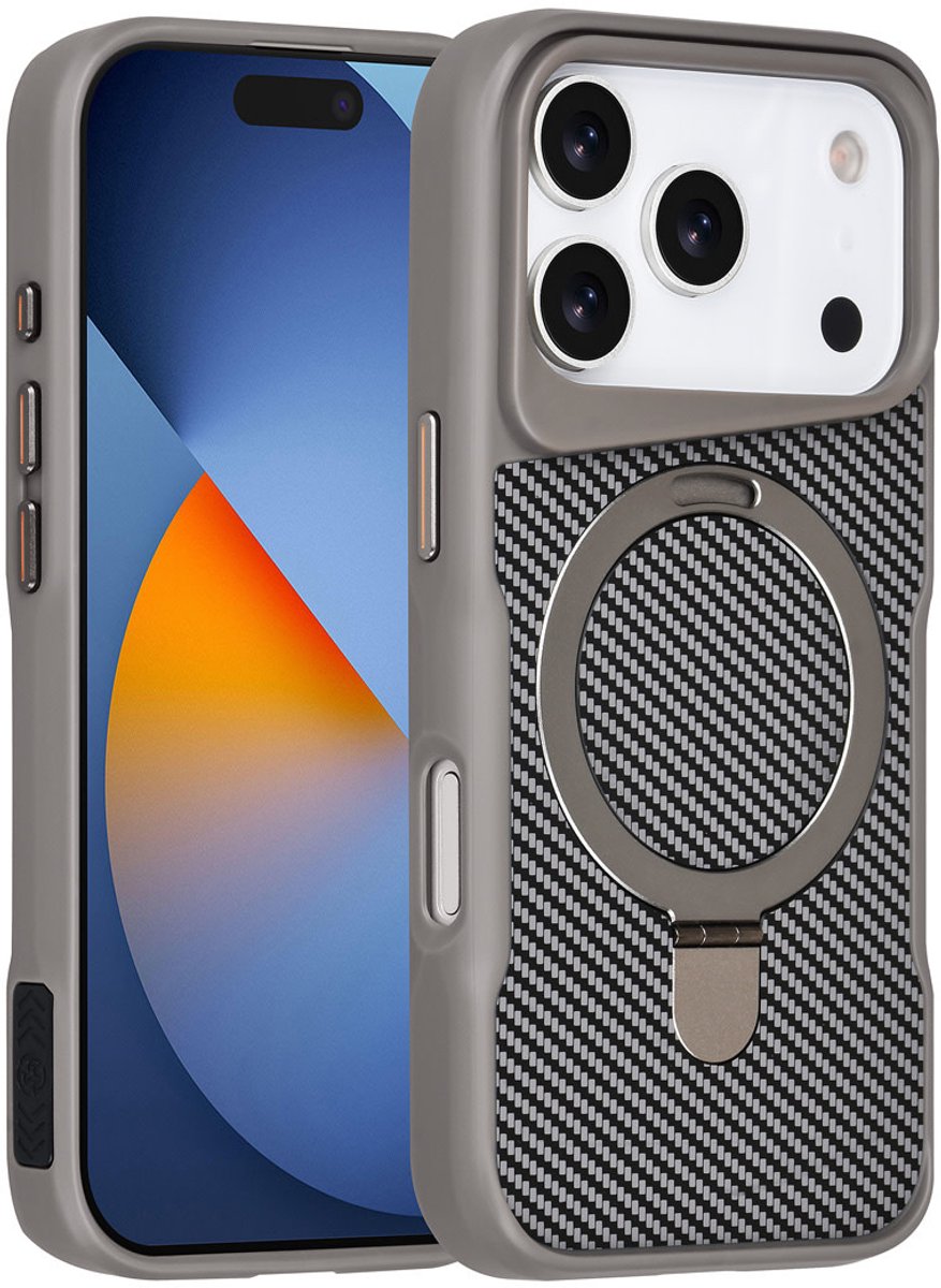 TUNIQ Back cover voor iPhone 17 Pro - MagSafe - Carbon Fiber met Ring Stand - Silver