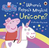 Peppa Pig zit op een witte eenhoorn met regenboogkleurige manen. De titel luidt: "Where's Peppa's Magical Unicorn?"