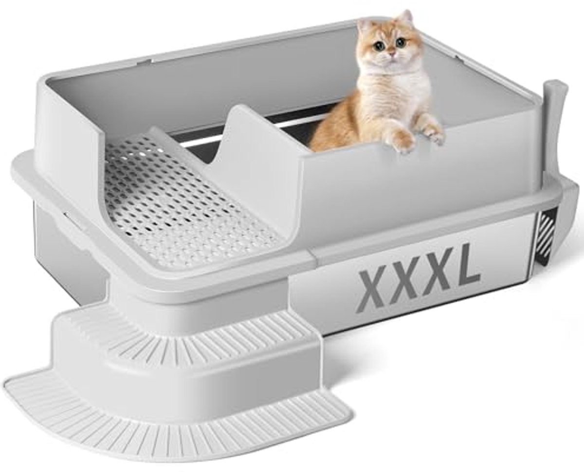 Halfgesloten roestvrijstalen kattenbak met hoge zijwand en gefilterde doorgang - Very spacious litter box for cats
