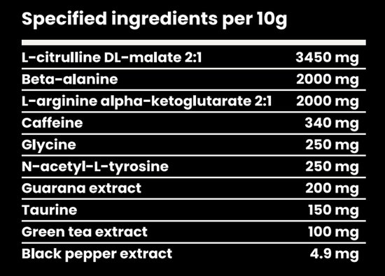 Specificaties ingrediënten per 10g: L-citrulline DL-malate 2:1 3450mg, Beta-alanine 2000mg, L-arginine alpha-ketoglutarate 2:1 2000mg, Cafeïne 340mg, Glycine 250mg.