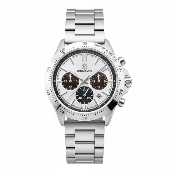 THOMASINY® Chronograaf Horloge - Heren - Zilver Met Zilveren Accenten - Zilverkleurige Stalen Band