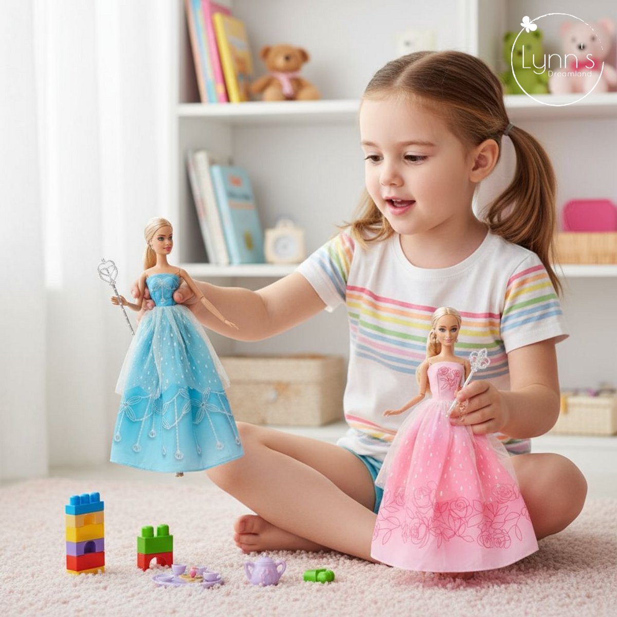 Lynn’s poppenkleertjes - Set ‘Callie’ - Geschikt voor (curvy) modepop - Set van 2 prinsessenjurken & 2 staffen - Wijde, luxe jurken - Cadeauzakje — afbeelding 7